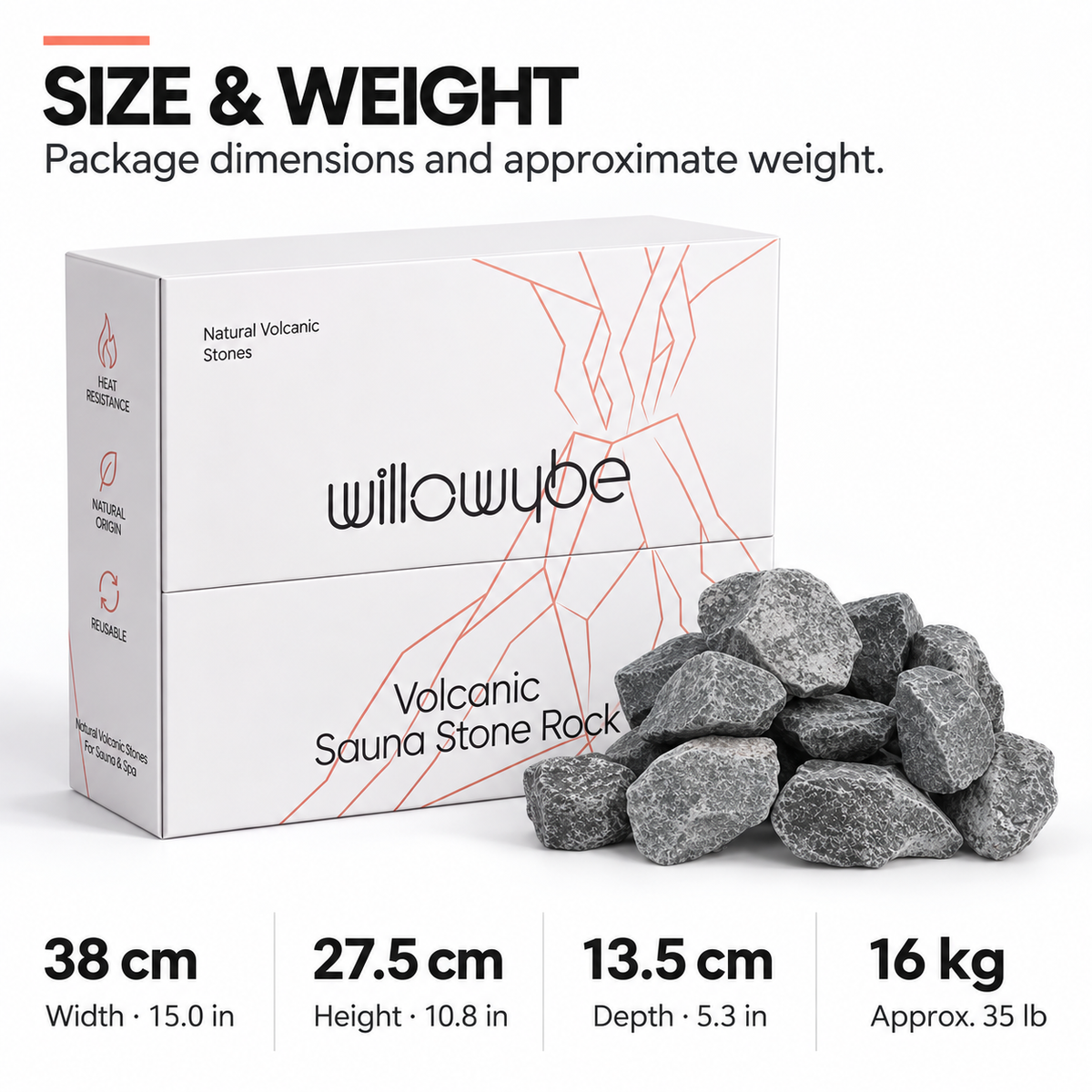 Willowybe rough sauna stones and retail box with package dimensions of 38 by 27.5 by 13.5 cm and approximately 16 kg weight
