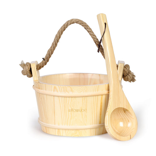 Willowybe handmade wooden sauna bucket with rope handle and matching ladle, natural Finnish pine