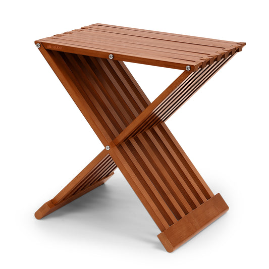 Willowybe folding bamboo sauna stool with X-frame design in rich wood tone