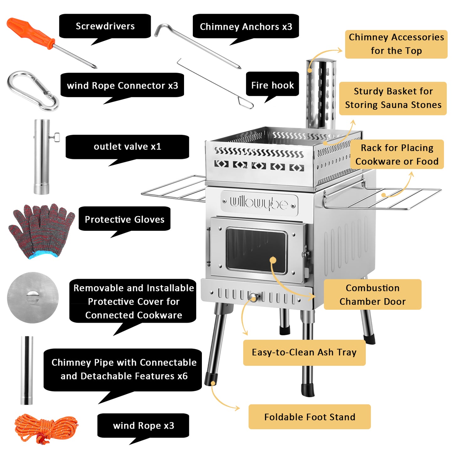 Outdoor Sauna Hot Tent Stove, Rocket Stove Heater, Portable Camping Wood Stove for Dry Sauna, Cooking