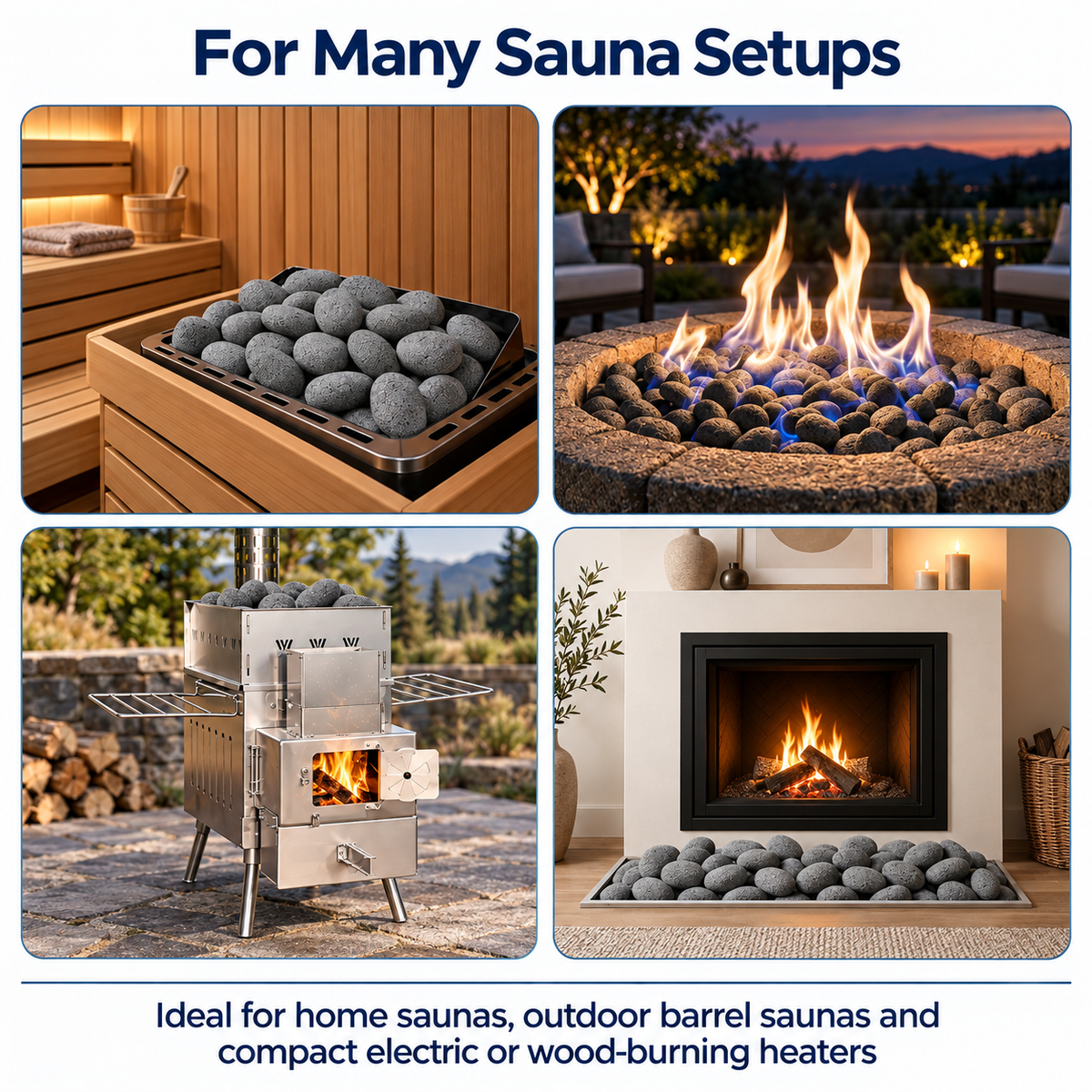 Four-panel promotional collage showing rounded stones in a sauna heater, a patio fire pit, an outdoor wood stove and beside a fireplace