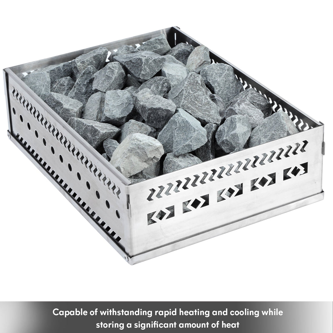 Rough volcanic sauna stones arranged in a stainless steel heater basket
