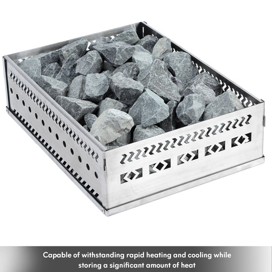 Rough volcanic sauna stones arranged in a stainless steel heater basket