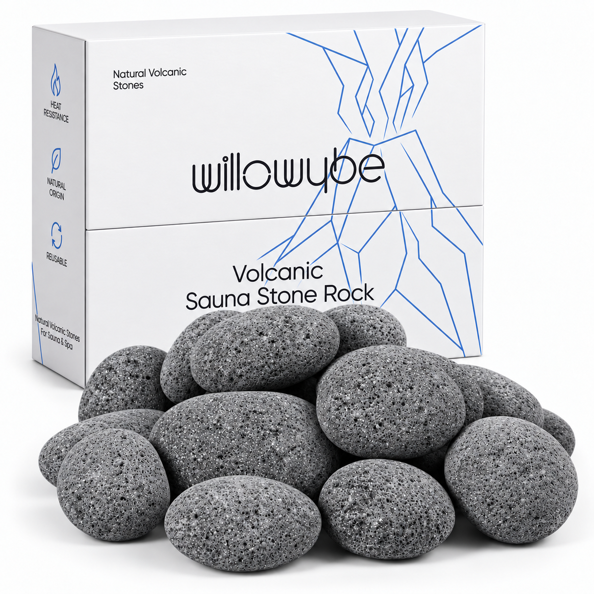 Willowybe rounded gray volcanic sauna stones with porous surfaces displayed in front of the white-and-blue retail box