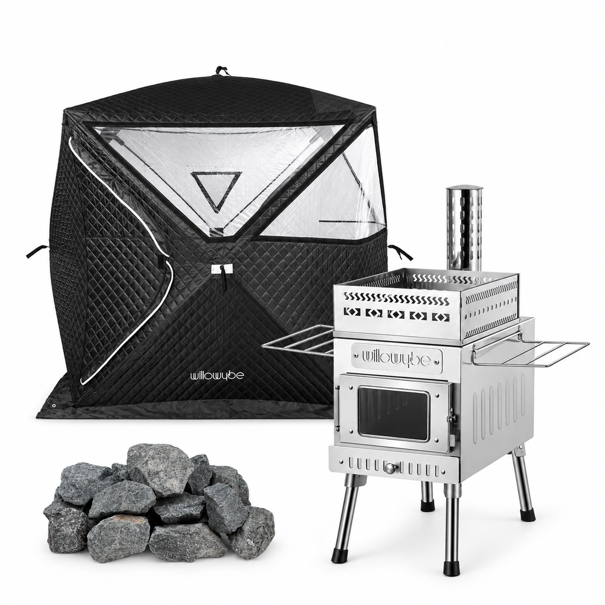 Willowybe outdoor sauna set with black panoramic-window tent, stainless steel wood-burning stove and rough sauna stones