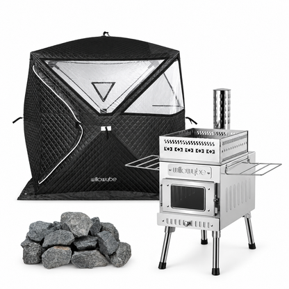 Willowybe outdoor sauna set with black panoramic-window tent, stainless steel wood-burning stove and rough sauna stones