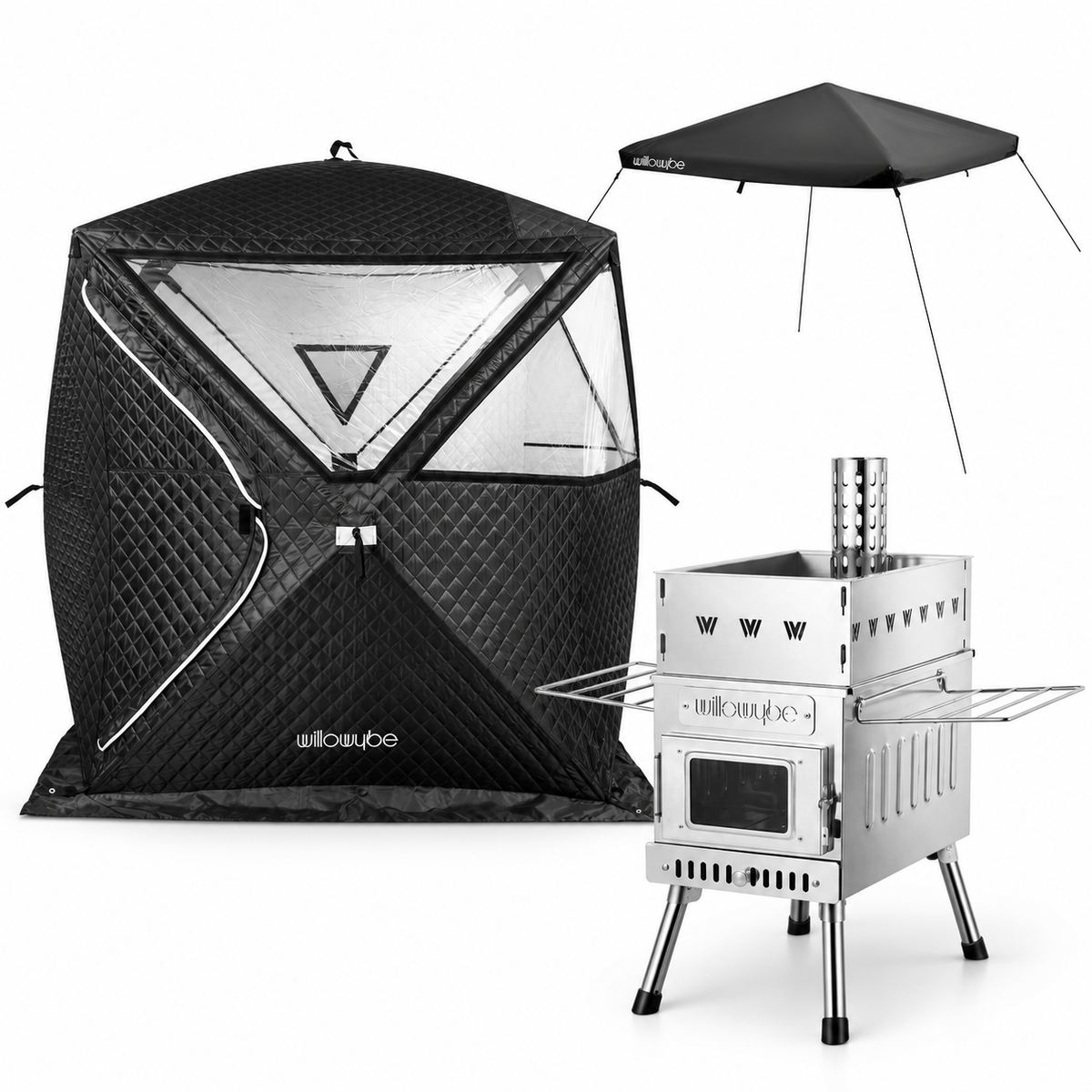 Willowybe outdoor sauna set with black panoramic-window tent, stainless steel wood-burning stove and protective roof cover