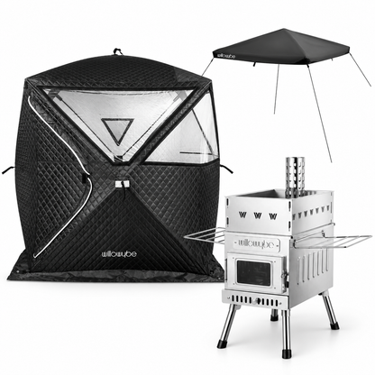Willowybe outdoor sauna set with black panoramic-window tent, stainless steel wood-burning stove and protective roof cover