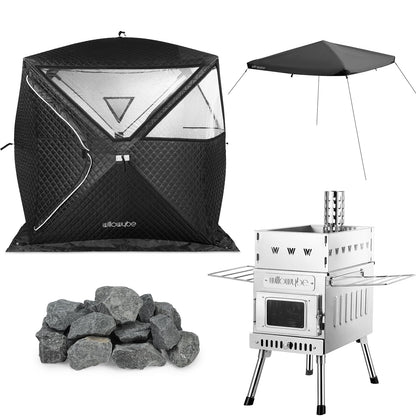 Willowybe complete outdoor sauna set with insulated panoramic tent, wood-burning stove, protective roof cover and rough sauna stones
