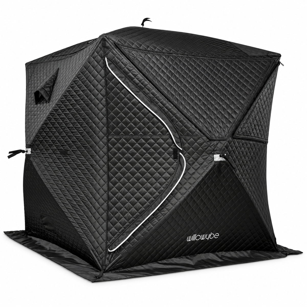 Willowybe black insulated outdoor sauna tent with quilted walls, zippered entrance and covered panoramic windows