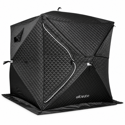 Willowybe black insulated outdoor sauna tent with quilted walls, zippered entrance and covered panoramic windows