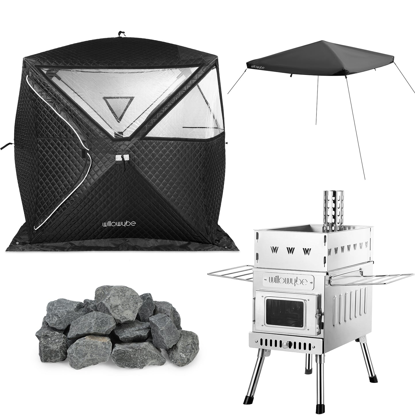 Willowybe complete 4-person outdoor sauna kit with insulated tent, wood stove, canopy cover, and sauna stones