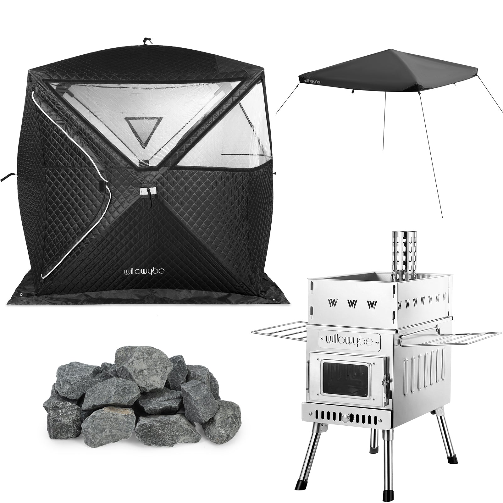 Willowybe complete 4-person outdoor sauna kit with insulated tent, wood stove, canopy cover, and sauna stones