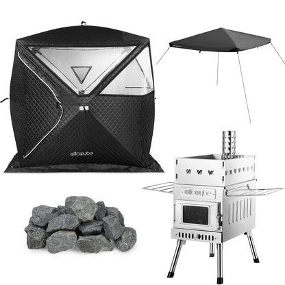 Willowybe complete 4-person outdoor sauna kit with insulated tent, wood stove, canopy cover, and sauna stones
