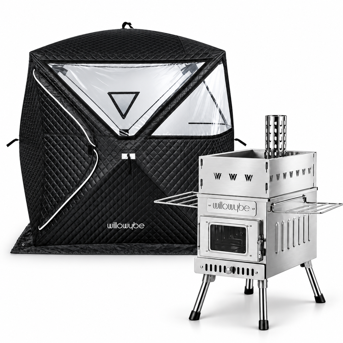 Willowybe outdoor sauna set with black insulated panoramic-window tent and stainless steel wood-burning stove with an empty stone basket