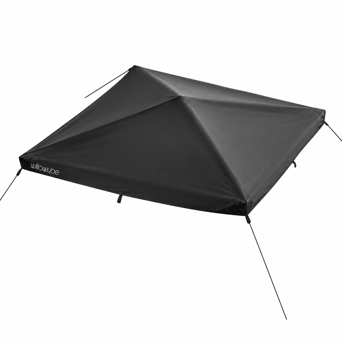 Black Willowybe protective sauna tent roof cover shown from above with corner guy ropes and attachment loops