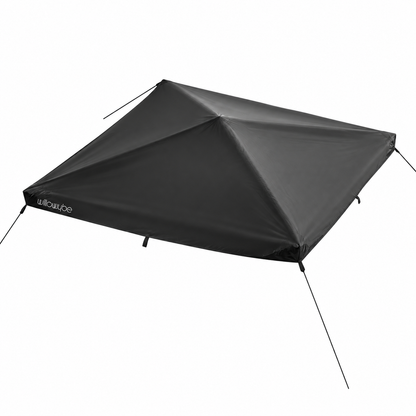 Black Willowybe protective sauna tent roof cover shown from above with corner guy ropes and attachment loops