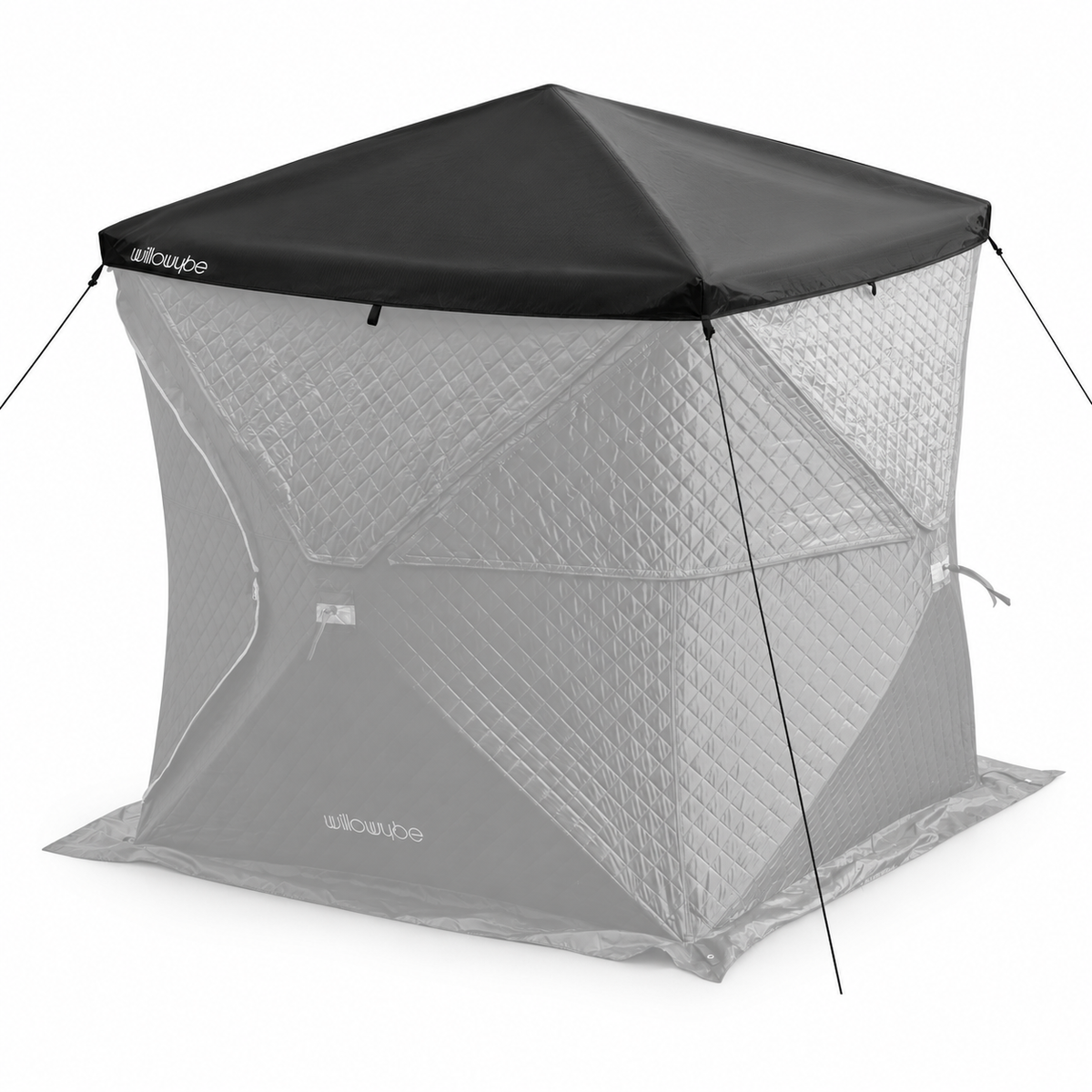 Black Willowybe roof cover fitted over a faded sauna tent illustration, showing roof coverage and corner guy ropes
