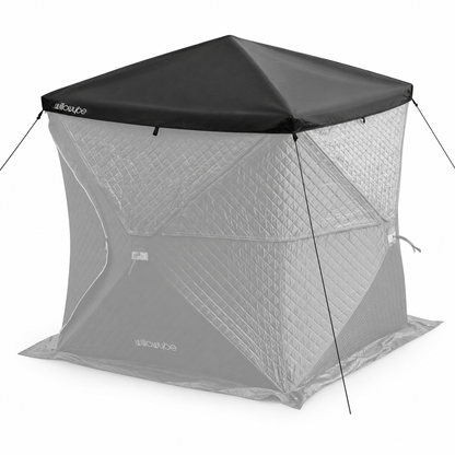 Black Willowybe roof cover fitted over a faded sauna tent illustration, showing roof coverage and corner guy ropes