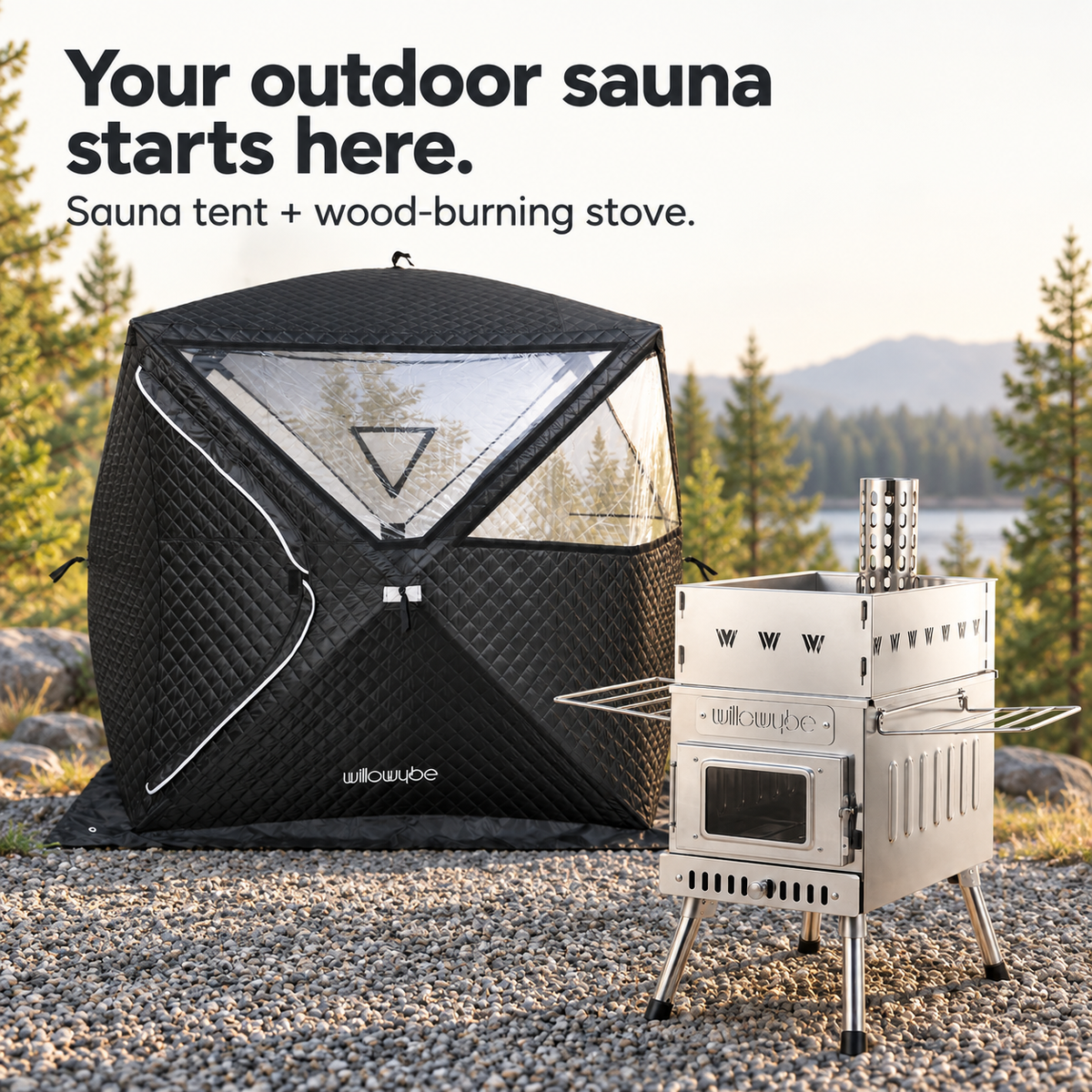 Willowybe insulated sauna tent and stainless steel wood-burning stove displayed in a lakeside forest promotional scene