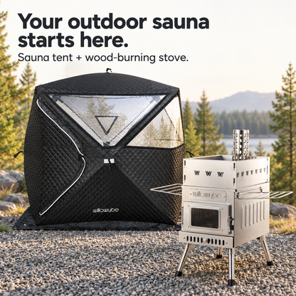 Willowybe insulated sauna tent and stainless steel wood-burning stove displayed in a lakeside forest promotional scene