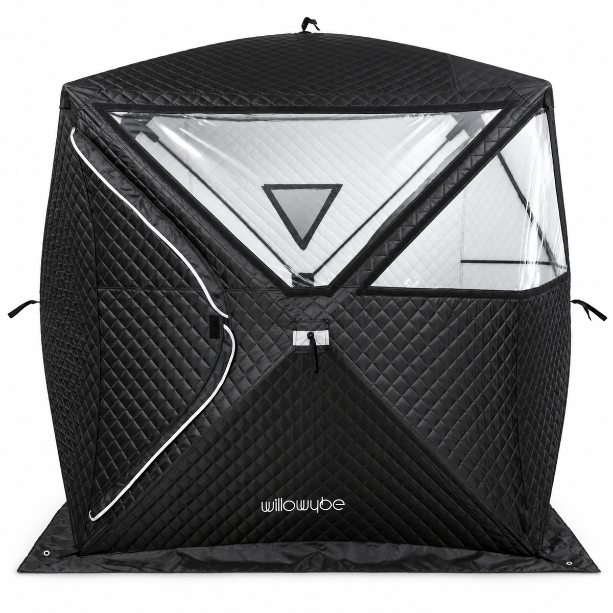 Willowybe insulated outdoor sauna tent with clear panoramic windows uncovered and zippered entrance closed