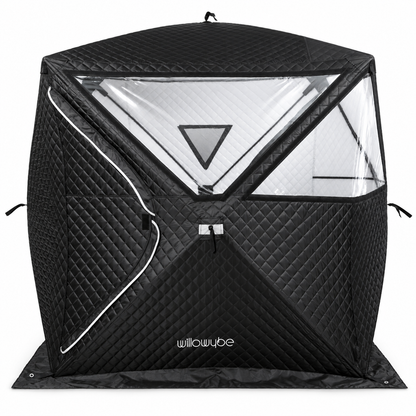 Willowybe insulated outdoor sauna tent with clear panoramic windows uncovered and zippered entrance closed
