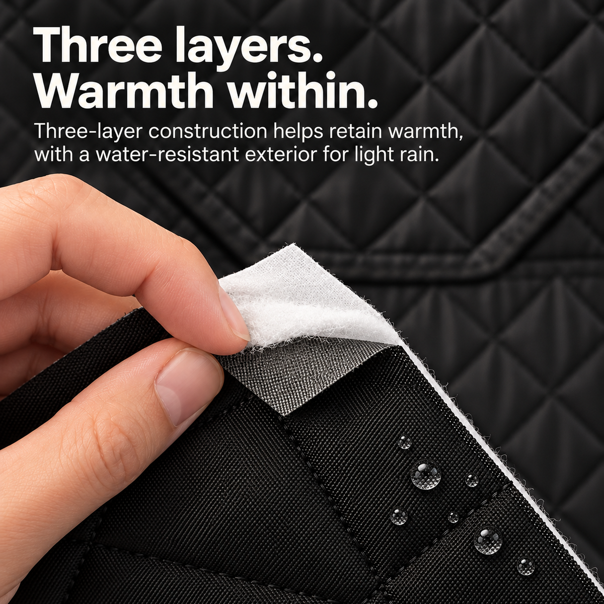 Hand separating the three layers of Willowybe sauna tent fabric, showing the black outer material, inner insulation and water droplets