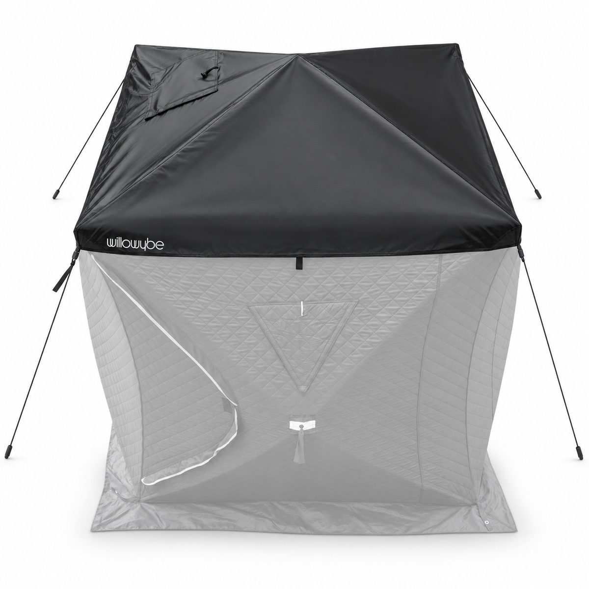 Elevated front view of the Willowybe sauna tent roof cover showing its chimney-opening flap, seams and four corner guy ropes
