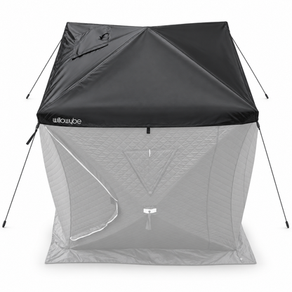 Elevated front view of the Willowybe sauna tent roof cover showing its chimney-opening flap, seams and four corner guy ropes
