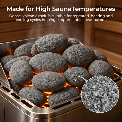 Illustration of rounded Willowybe sauna stones in a heater with orange heating-element glow, rising steam and a magnified surface-texture inset