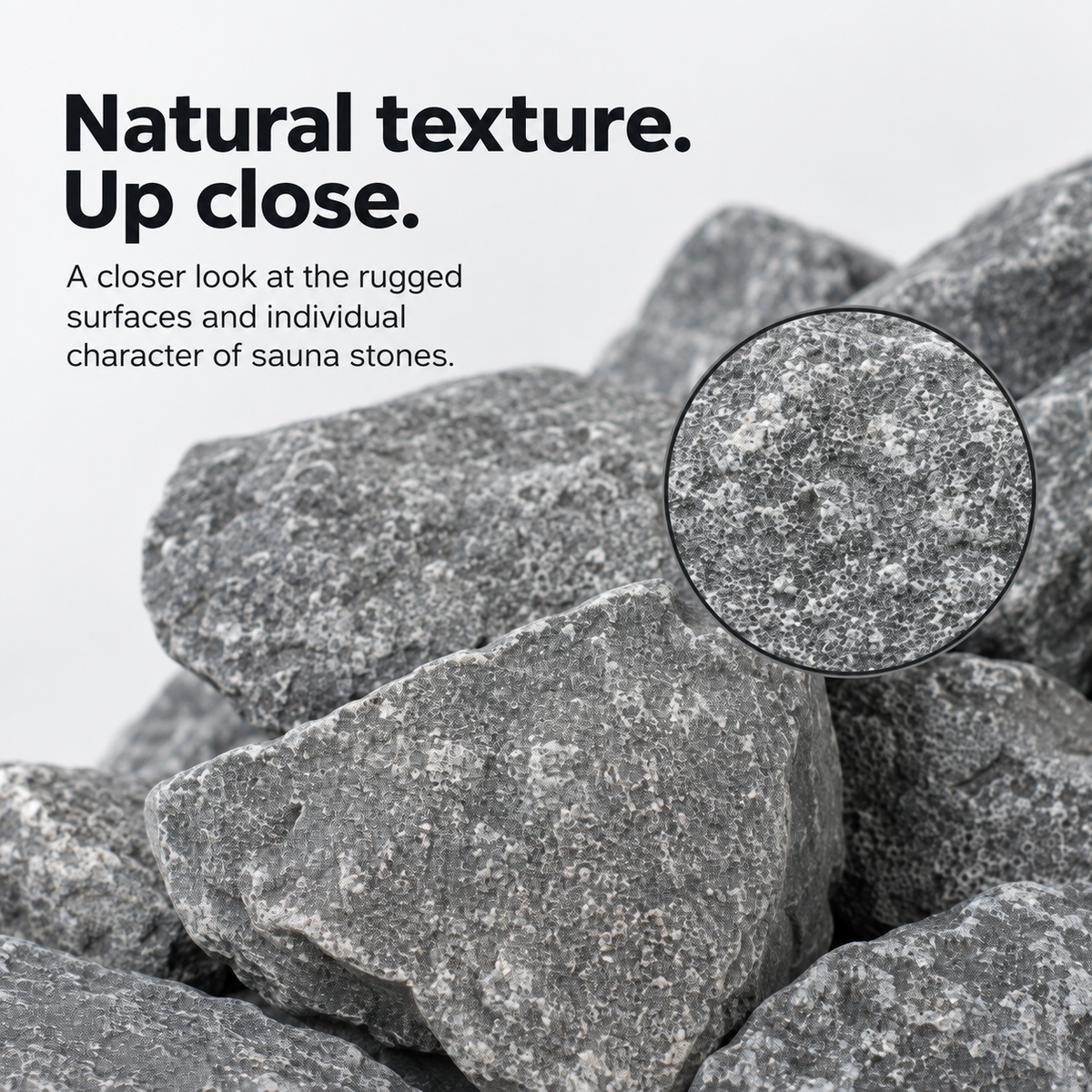 Rough gray sauna stones with varied shapes and a magnified inset showing their natural speckled surface texture