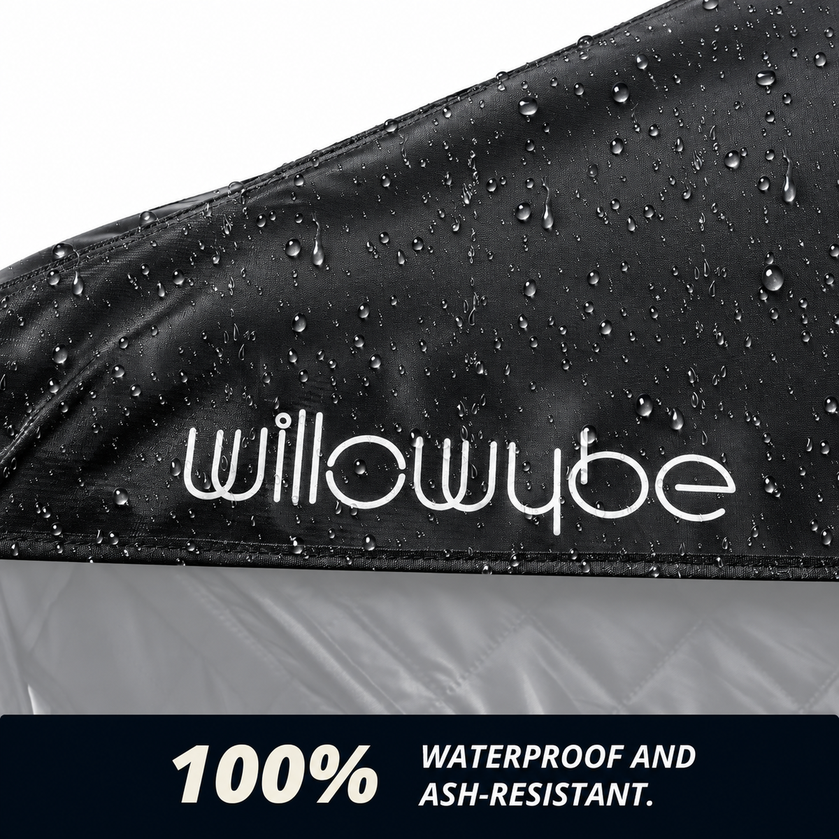 Water droplets on the black Willowybe sauna roof-cover fabric, with a close-up of the logo and stitched edge