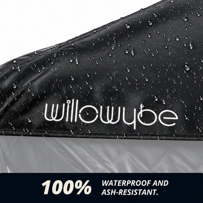 Water droplets on the black Willowybe sauna roof-cover fabric, with a close-up of the logo and stitched edge