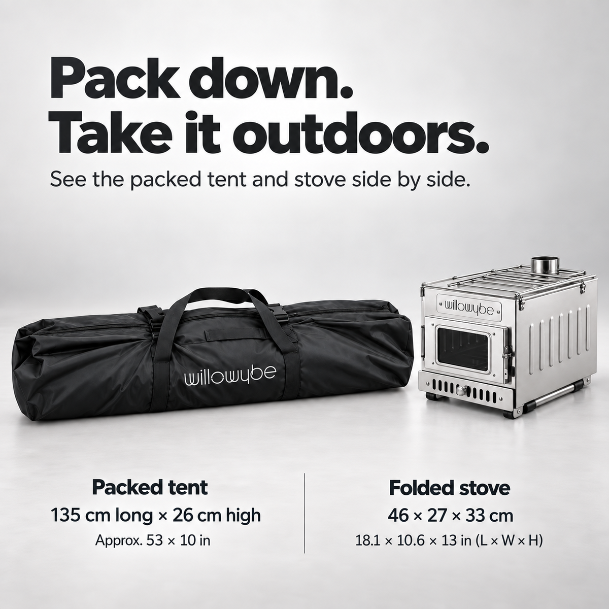 Willowybe sauna tent packed in its carrying bag beside the folded wood stove, with dimensions for storage and transport