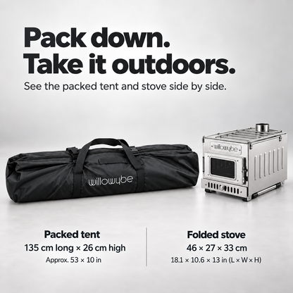 Willowybe sauna tent packed in its carrying bag beside the folded wood stove, with dimensions for storage and transport