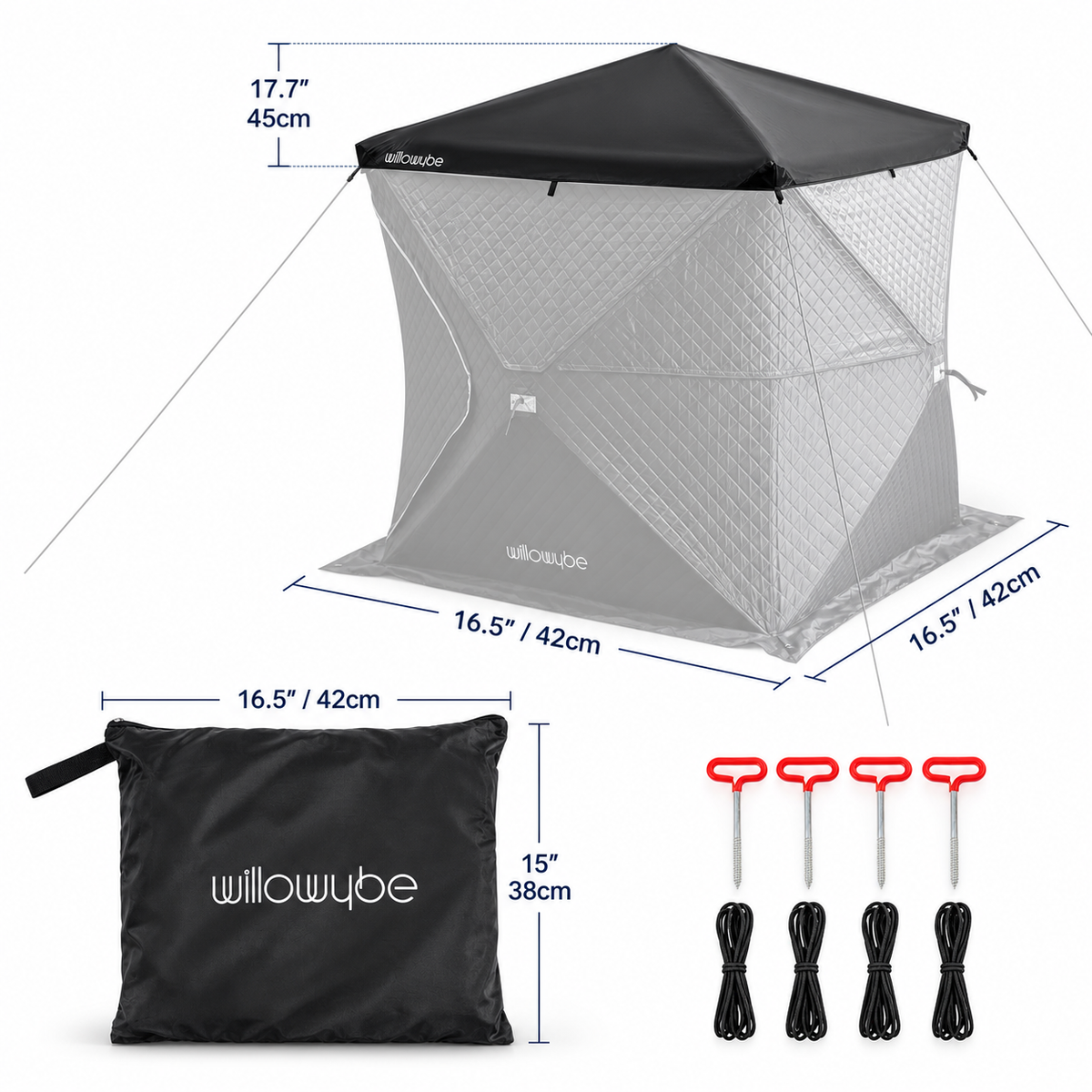 Willowybe protective roof cover shown on a sauna tent alongside its carrying pouch, four ground stakes and four guy ropes