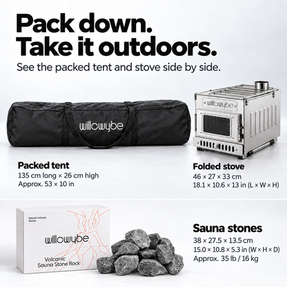 Willowybe sauna set packed for transport: tent carrying bag, folded wood stove and box of sauna stones, with storage dimensions