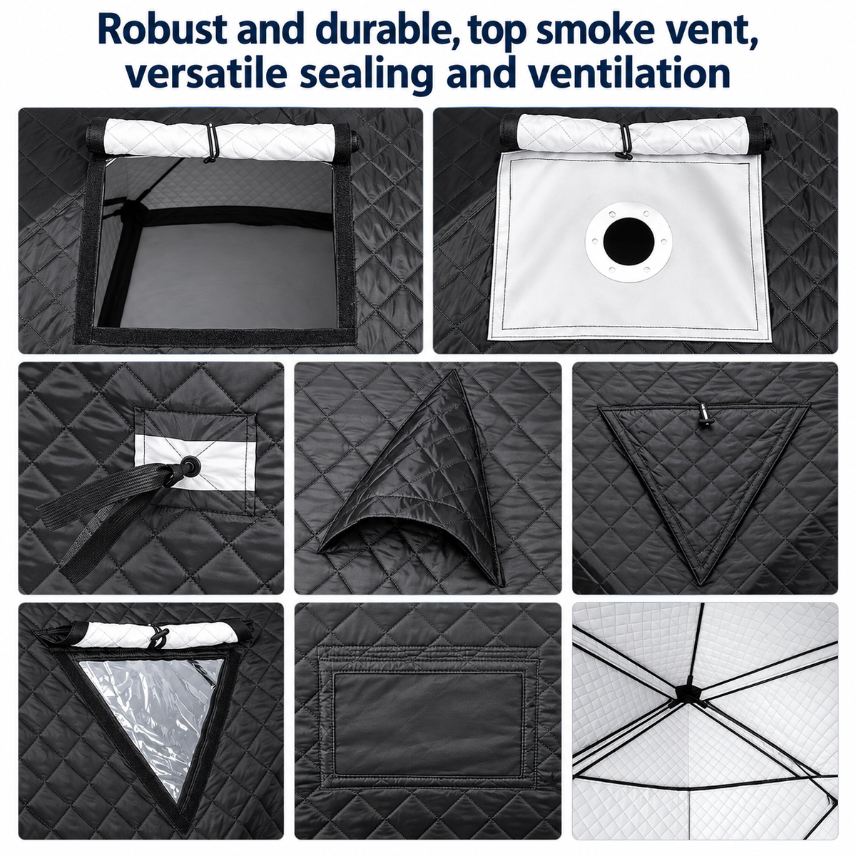Willowybe sauna tent detail collage showing chimney opening, guy-line attachment, vents, window cover and interior support frame