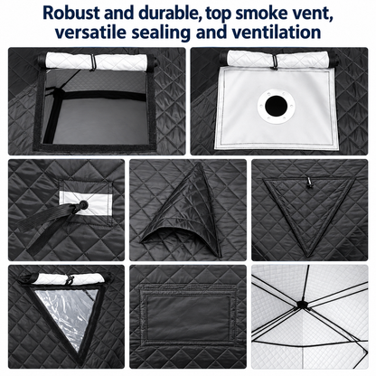 Willowybe sauna tent detail collage showing chimney opening, guy-line attachment, vents, window cover and interior support frame