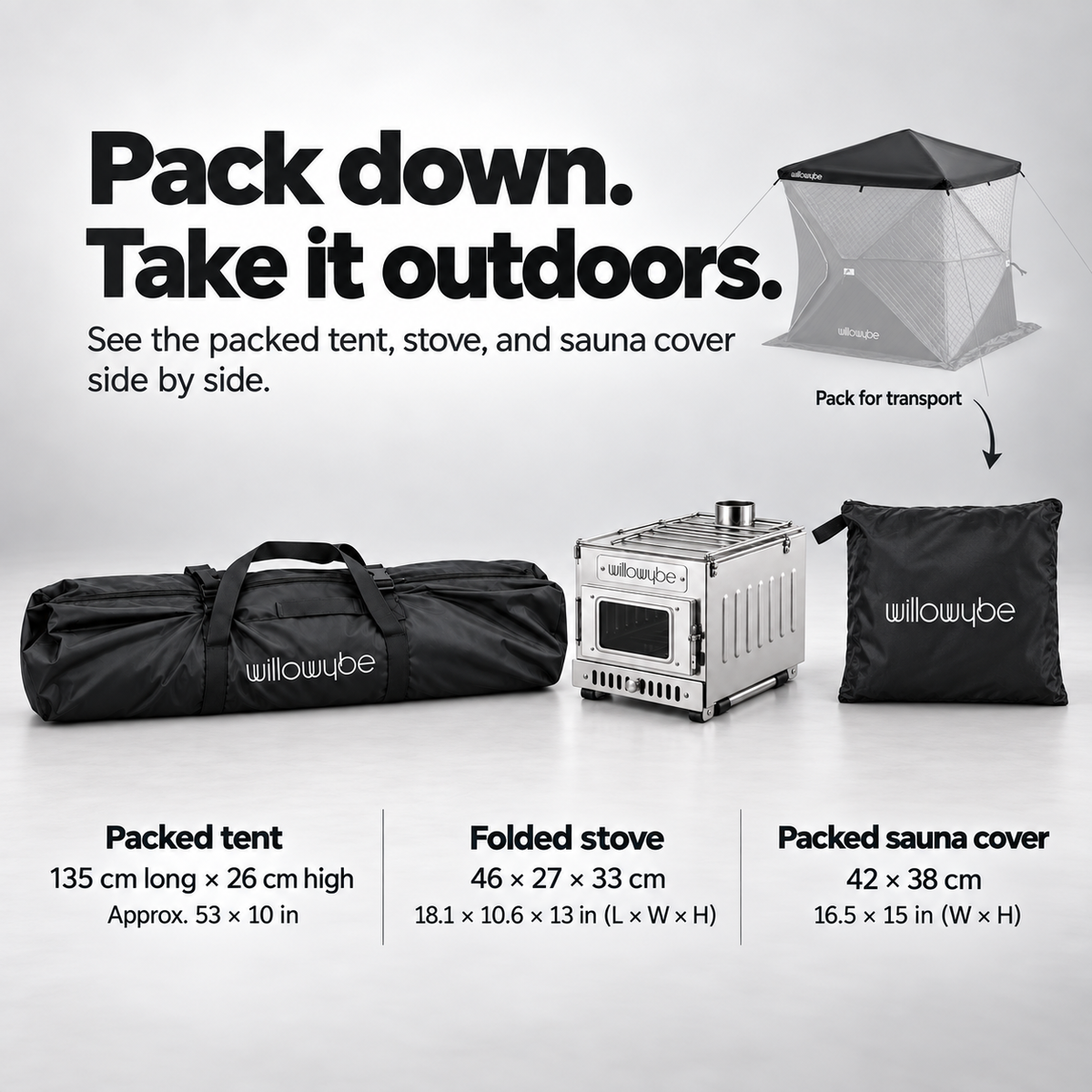 Willowybe sauna tent in its carrying bag beside a folded wood stove and packed protective roof cover, with storage dimensions