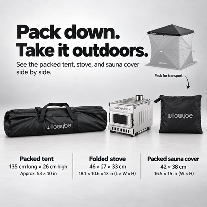 Willowybe sauna tent in its carrying bag beside a folded wood stove and packed protective roof cover, with storage dimensions