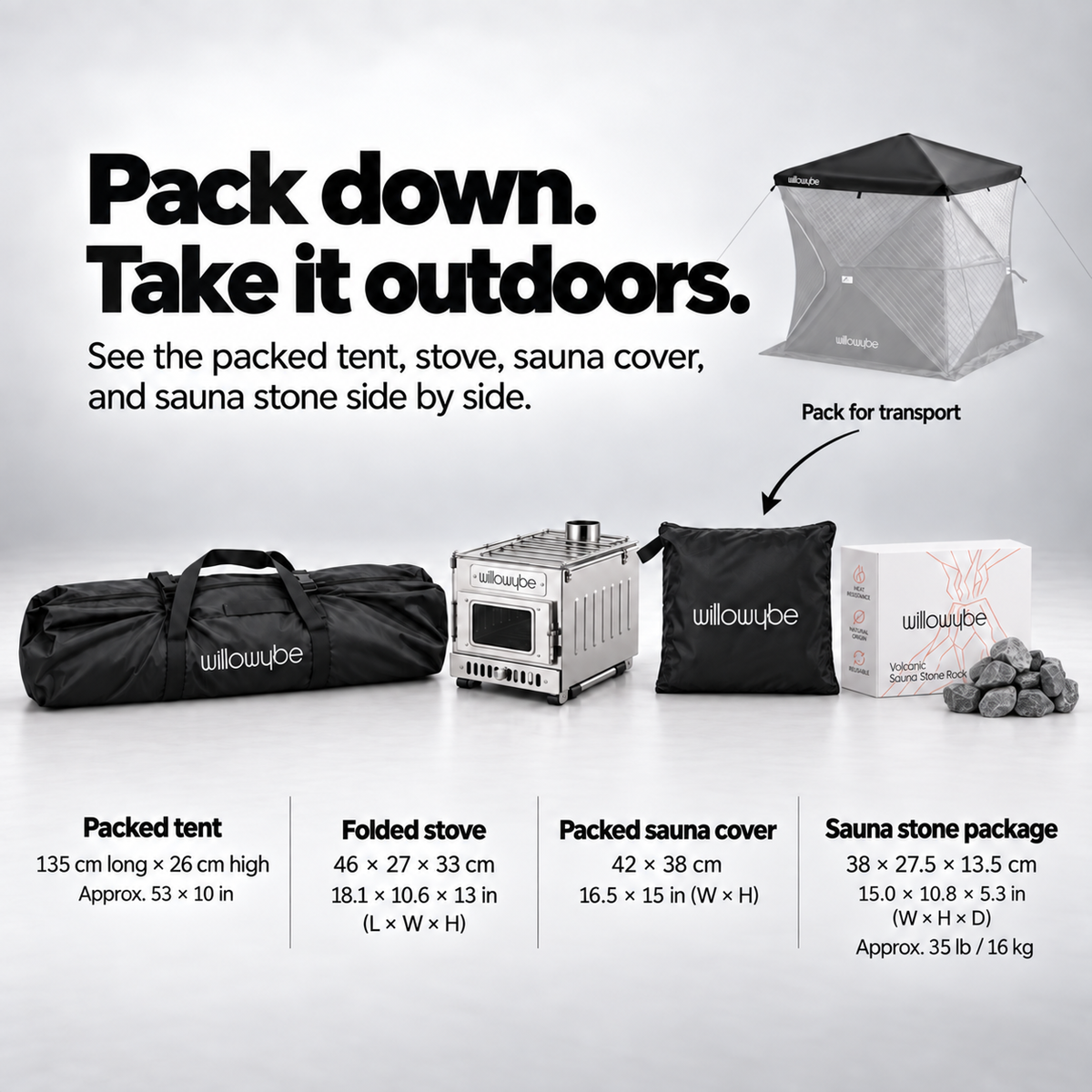 Willowybe complete sauna set packed for transport with tent bag, folded stove, roof-cover bag and stone box, each labeled with storage dimensions
