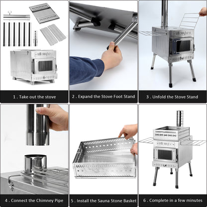 Outdoor Sauna Hot Tent Stove, Rocket Stove Heater, Portable Camping Wood Stove for Dry Sauna, Cooking