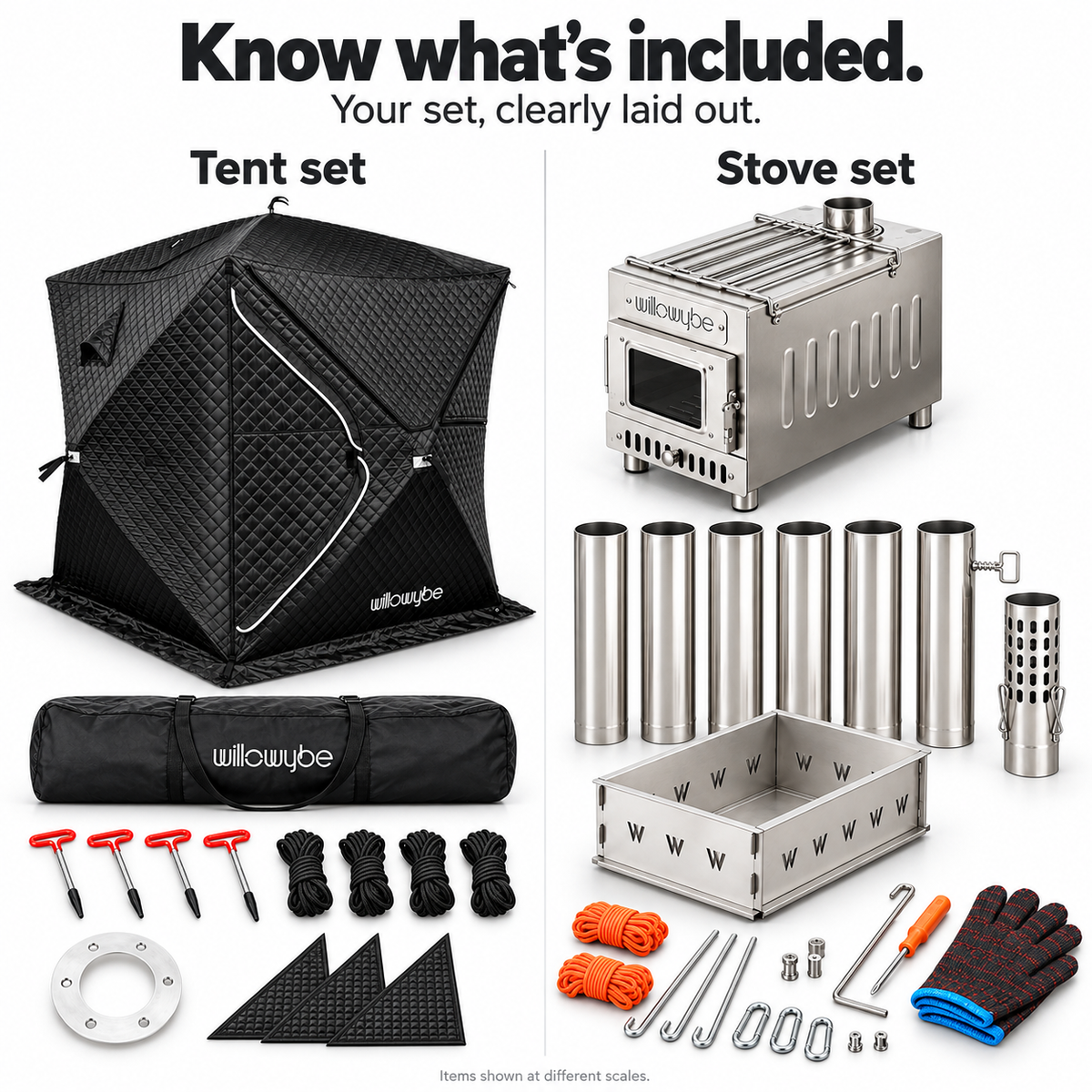 Willowybe tent-and-stove set contents showing tent, carrying bag, stakes, ropes, window covers, stove, chimney sections, empty stone basket and tools