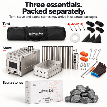 Willowybe sauna set contents grouped as tent accessories, wood stove with chimney components and sauna stones, noting separate packages