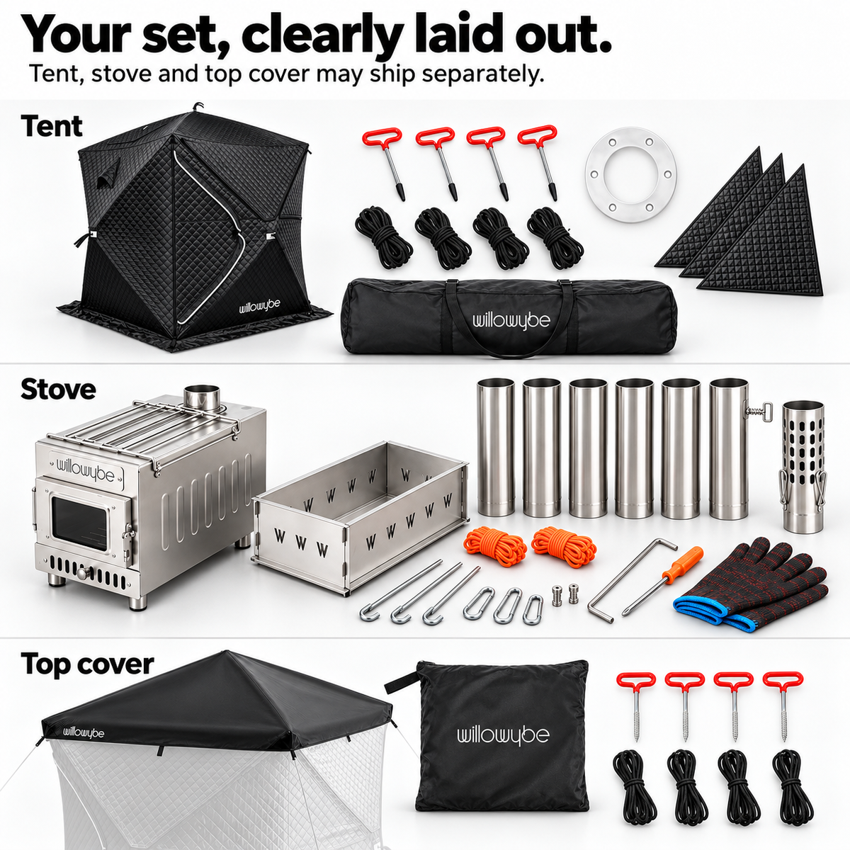 Willowybe sauna set contents arranged in three groups: insulated tent, wood-burning stove and protective roof cover with their accessories