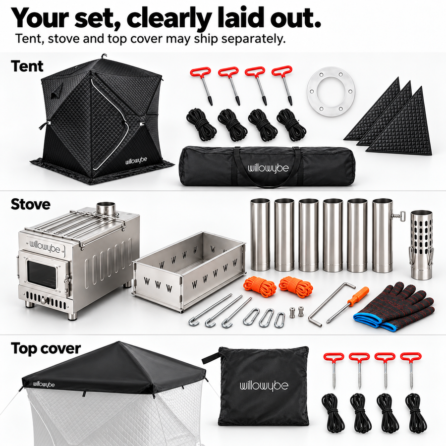 Protected Kit contents: tent and accessories, wood stove with chimney components, stone basket and protective roof cover