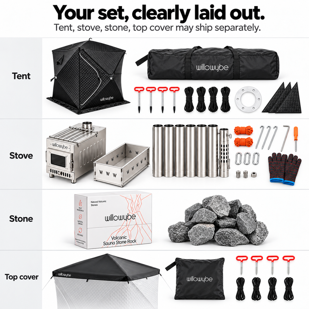 Willowybe complete sauna bundle contents arranged by tent, wood stove, sauna stones and protective roof cover, with their bags and accessories