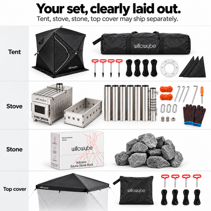 Willowybe complete sauna bundle contents arranged by tent, wood stove, sauna stones and protective roof cover, with their bags and accessories